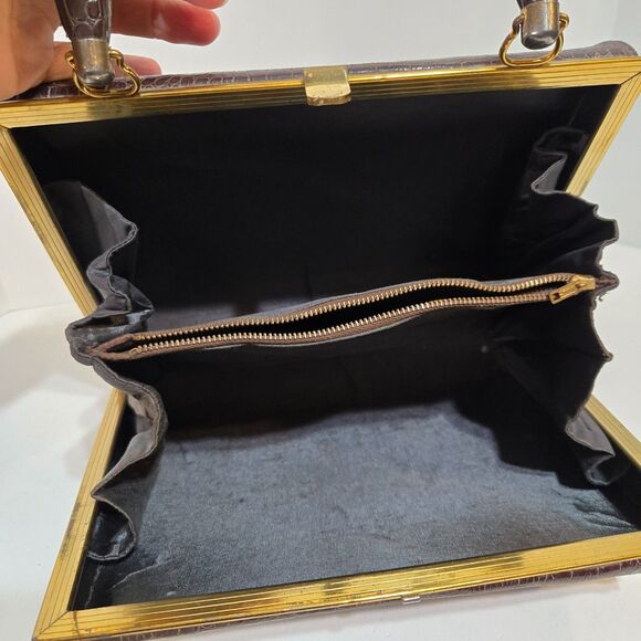 Vtg 50's Womens Handbag Faux Crocodile Embossed Satchel Gold Clasp Top Handle - Picture 5 of 12